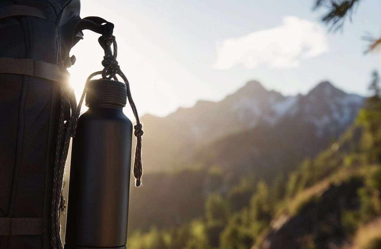 Raymylo bottle clipped to a pack in the mountains