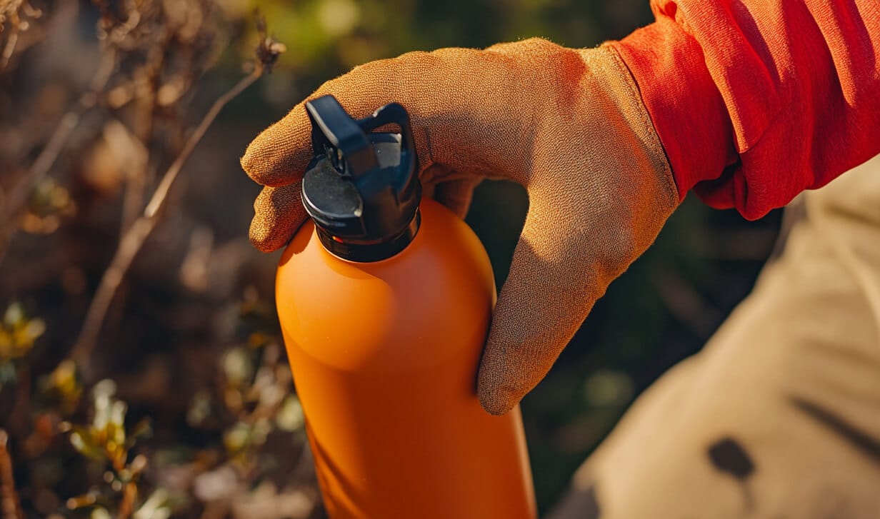 Gloved hand holding an orange Raymylo bottle
